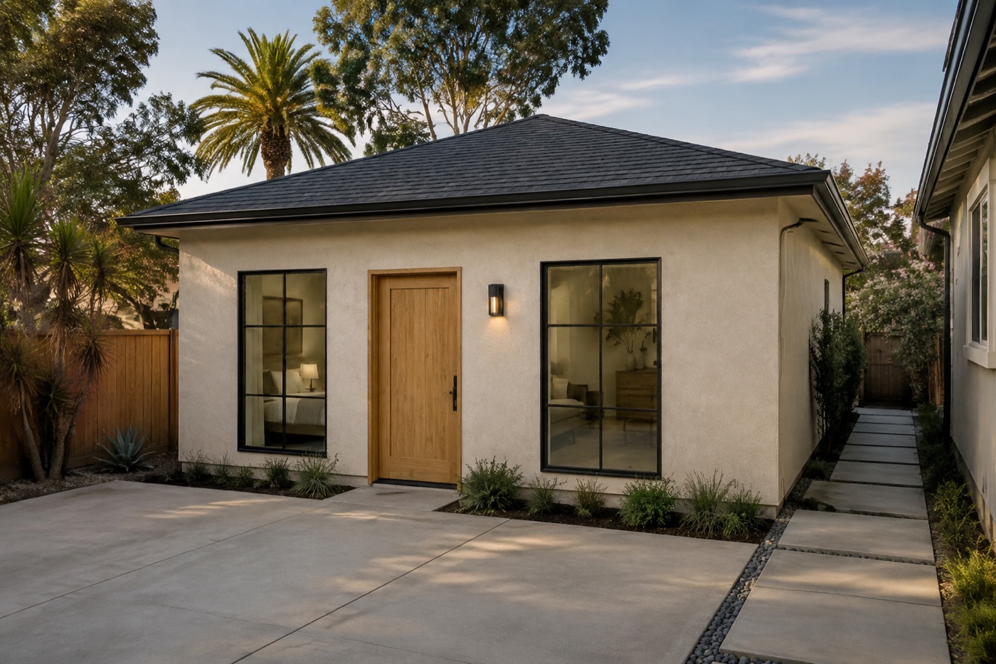 Garage-to-living-space design inspiration with a private courtyard and contemporary entry